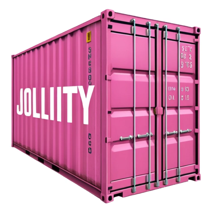 a pink shipping container with the words "Jollity & Co." in big letters on the long side sticker