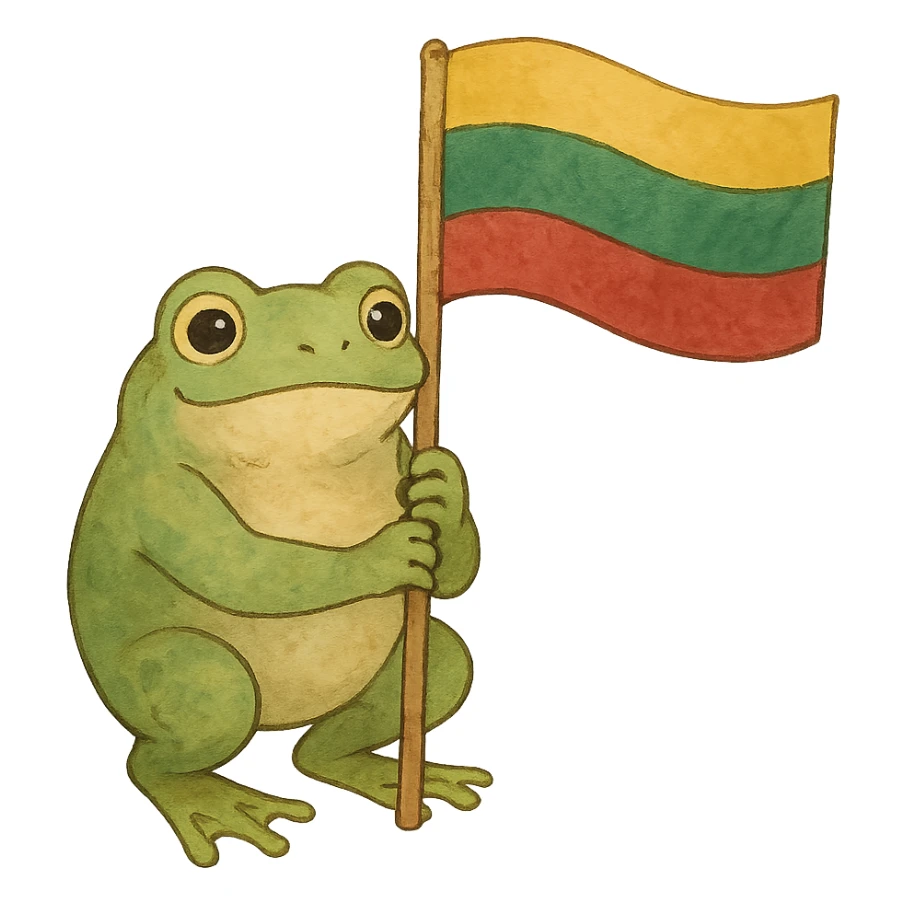 ghibli style frog holding a Lithuanian flag sticker
