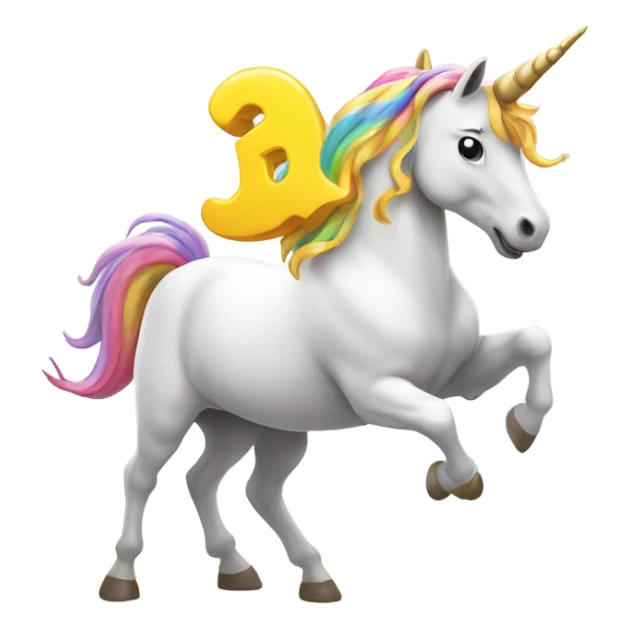 Unicorn dancing on a rainbow, the unicorn is holding a poop emoji sticker