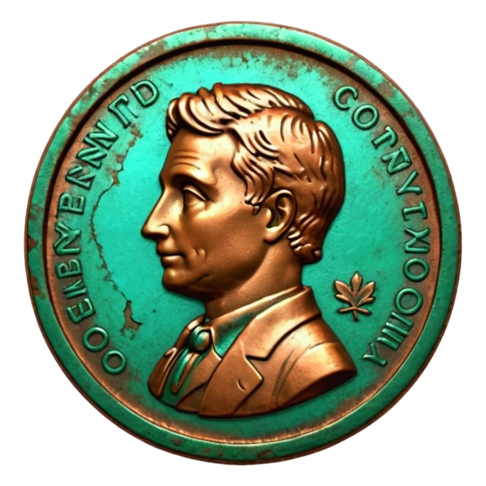 3D render of Old Penny, heavily oxidized copper texture, verdigris patina, Brown coin turning green on edges, weathered bronze aesthetic, ancient decay, Apple emoji style, isolated on white background --v 6.0. sticker