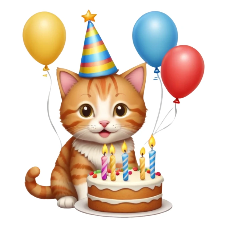 Ginger tabby kitten celebrates birthday, birthday hat, birthday cake, one candle, balloons, happy, gifts sticker