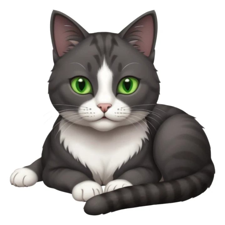 beautiful female solid dark grey cat with green eyes, white toes/paws and white patch on her chest lying down sticker