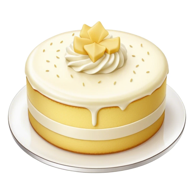 Cinematic Realistic Simple Vanilla Cake, a perfectly baked golden sponge with soft, airy layers, delicate vanilla frosting smoothly spread across the top, tiny flecks of vanilla bean visible, warm golden lighting creating depth, glowing with a sweet, irresistible charm. sticker