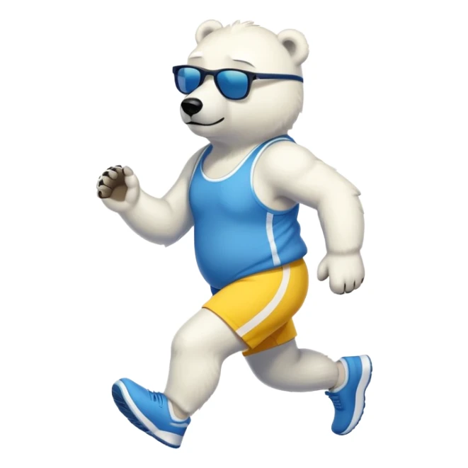 friendly anthropomorphised polar bear jogging upright, wearing blue and yellow athletic outfit and dark sunglasses sticker