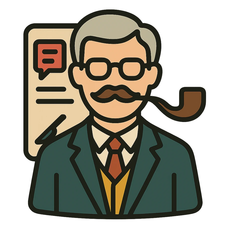 minimalistic icon of a refined scholarly professor with glasses, pipe, elegant suit, exuding intellectual authority and respect, atop a sleek document background with subtle AI messaging interface cues, scalpel motif subtly integrated, vintage European university color palette, evokes technical precision and scholarly elegance sticker