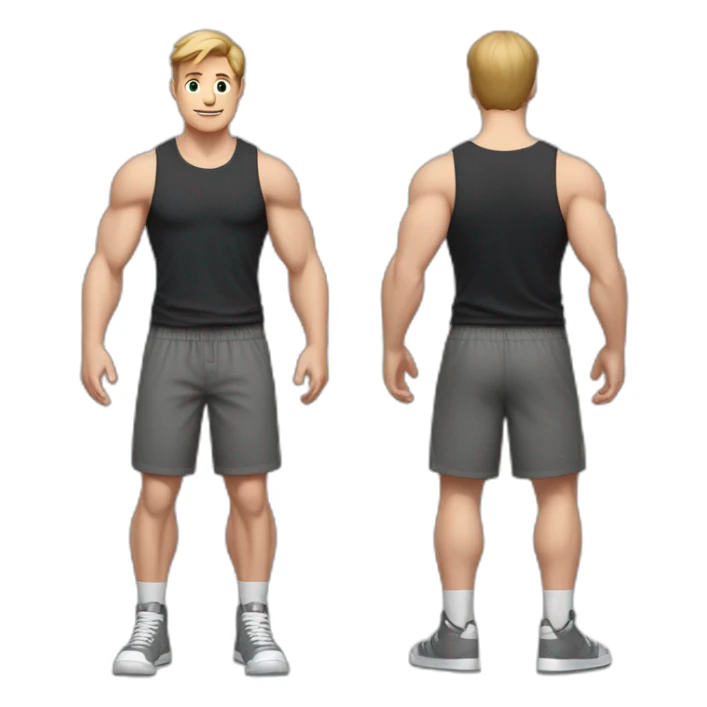 Full height Actively gesturing with hands Pale skinned Fit Man With the biceps and light brown hair with Bristle in dark gray Sleeveless Mike, black oversize sports shorts and white Sneakers sticker