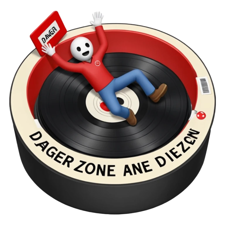 A stick figure falling into a pit full of vinyl records, like a 'Danger Zone' sign sticker