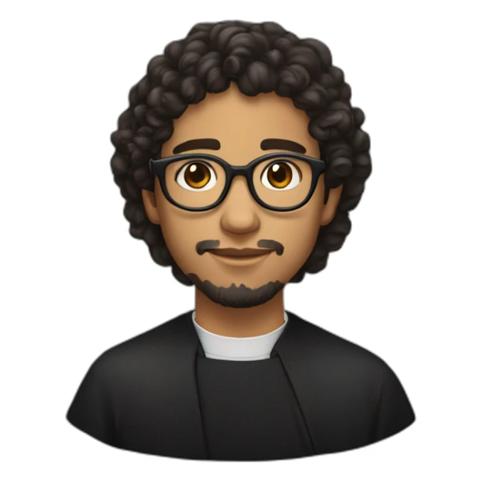 young mexican catholic priest beard, curly hair, with rounded glasses and clerygman sticker