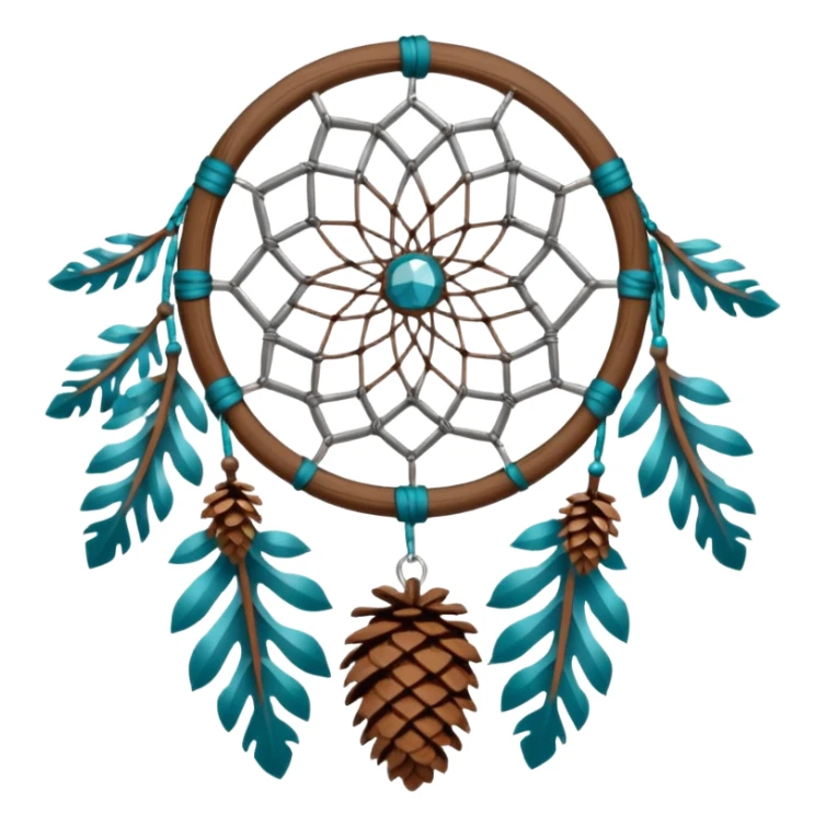 Winter-themed snow-covered spruce pine wooden pinecones and nuts dreamcatcher with white feathers, silvery chains and teal leaves sticker