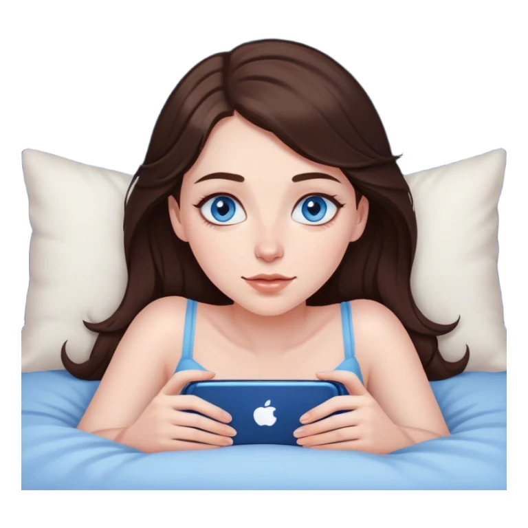 Brunett white girl with blue eyes, laying on stomach  In bed at night , using her iPhone sticker