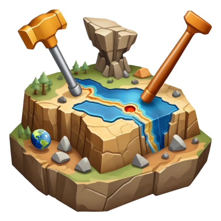 An icon featuring a rock hammer, a geological map, and layers of Earth’s crust, symbolizing geology. The design includes mineral samples, fossils, and tectonic plates, representing the study of Earth’s structure and natural processes. Transparent background highlights geological exploration sticker