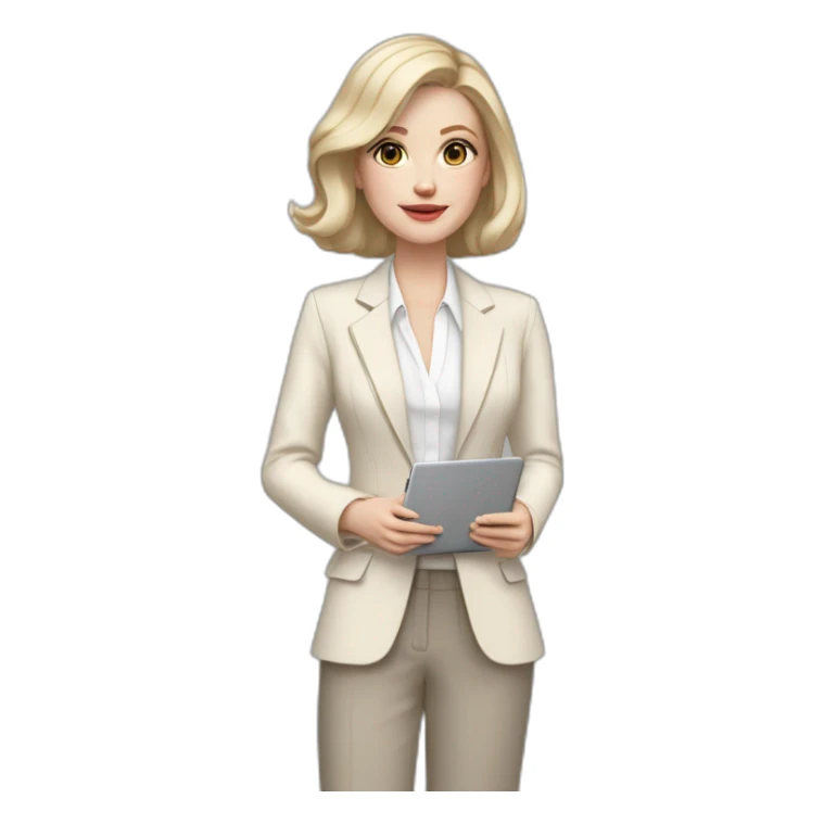 pale skin woman with ash blonde Straightened bob Hair, White Spacious classical jacket, beige palazzo Arrow pants and gray blouse holding a MacBook in the hands sticker