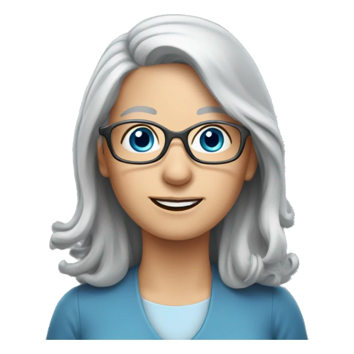 long gray hair, older female, blue eyes, glasses, writing sticker