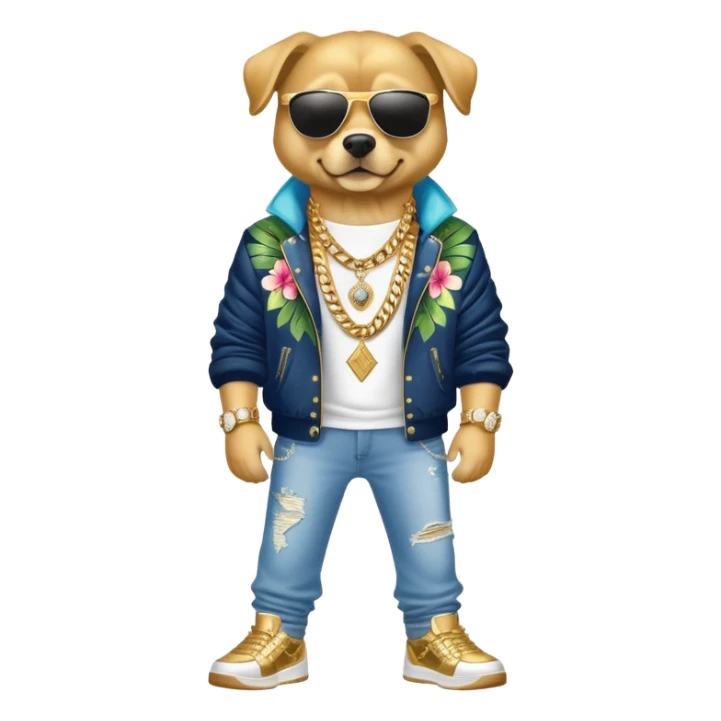 Make a full-body dog with layered gold chains with diamond rings, a haiwian lay and jacket, sunglasses and jeans with jordans sticker