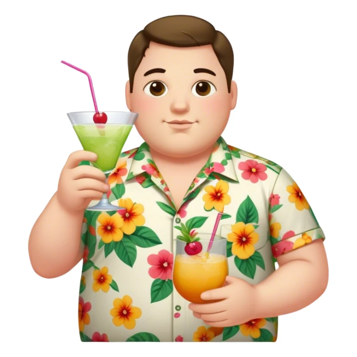 chubby guy in a flowered shirt holding a cocktail sticker