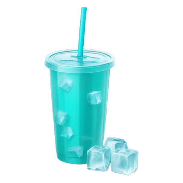 Realistic plastic cup and lid with Transluscent turquoise and large ice cubes inside and one straw through the top of the lid. sticker