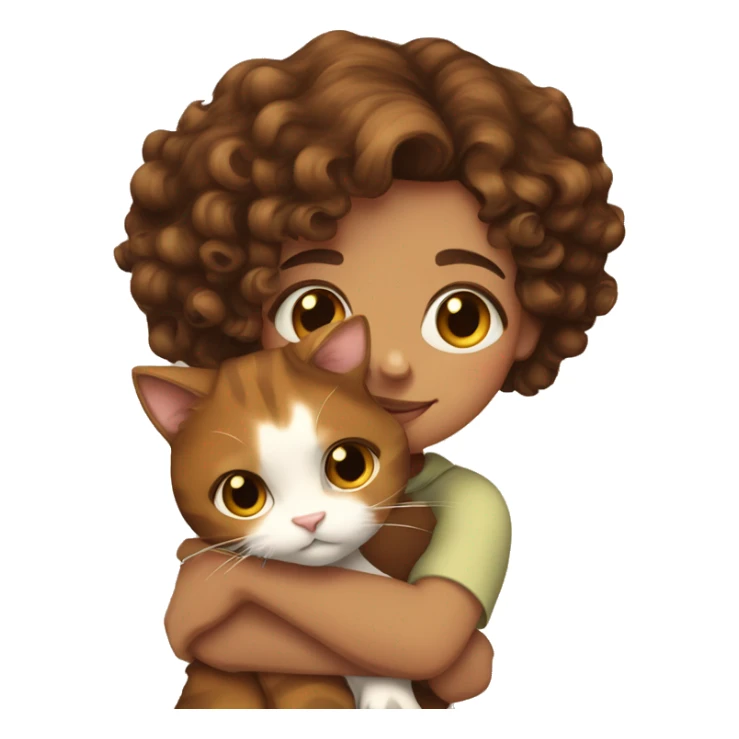  Brown curly hair girl hug calico cat sticker
