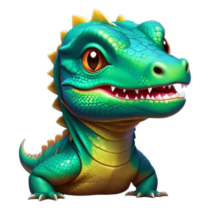 Cinematic Cute Komodo Dragon Lizard Portrait Emoji, Head tilted playfully and inquisitively, with a sleek, scaled form accented by vibrant hues and curious, sparkling eyes, Simplified yet irresistibly adorable features, highly detailed, glowing with a warm, lively glow, high shine, affectionate and spirited, stylized with a touch of exotic charm, bright and endearing, soft glowing outline, capturing the essence of a mischievous yet captivating lizard that seems poised to scurry out of the screen into your heart! sticker