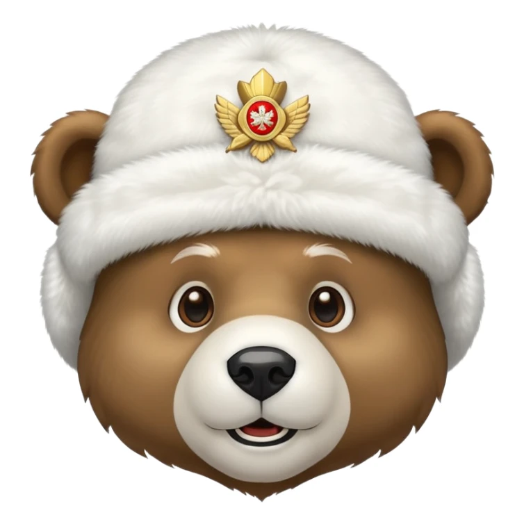 Friendly bear face with white fluffy ushanka hat with prominent Russian emblem in the middle, iOS emoji style sticker