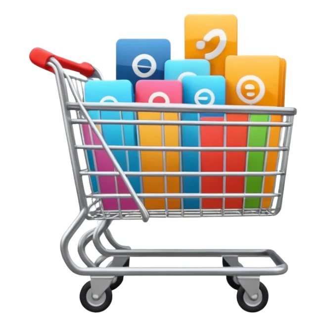 Digital shopping cart filled with online products, clean minimal UI design, smooth motion graphics animation, floating icons, modern style, dark background, cinematic lighting, seamless loop. sticker