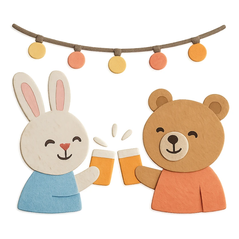 bunny and bear clinking juice cups under string lights sticker