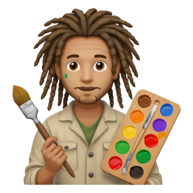 man artist with dreadlock, holding painter and color pallete sticker