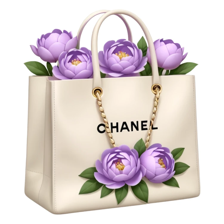 Realistic white chanel shopping bag with lilac peonies in it sticker