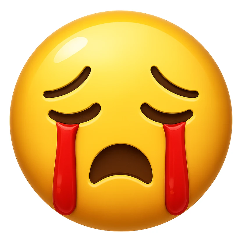 yellow crying face emoji, glossy finish, red tears, no background sticker