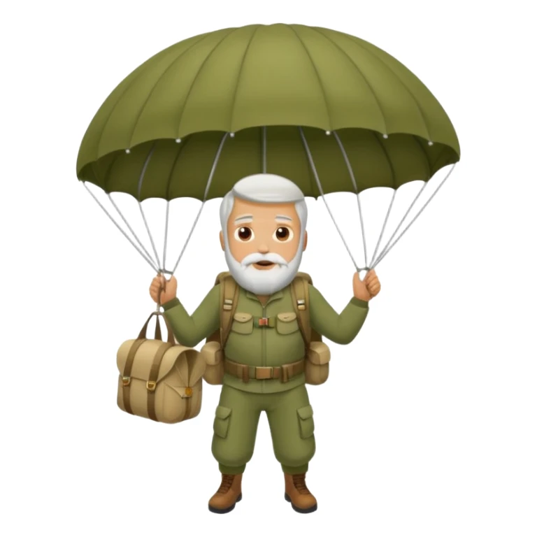Man with a white beard in a khaki parachute sticker