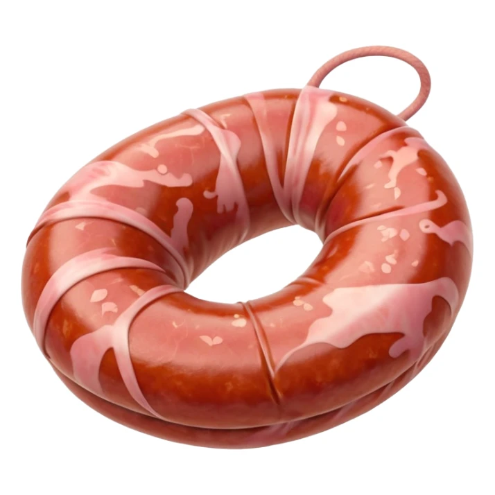 thick rustic coil of raw sausage, pale pink marbled surface, natural casing, smooth texture, visible flecks of fat, ends tucked or pinched, no plate or garnish, soft lighting, emoji scale sticker