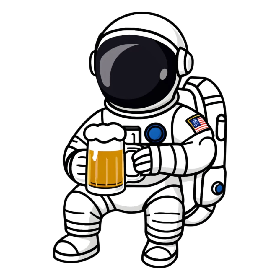 a full astronaut space suit with a pint of delicious beer inside it instead of a human, the glass of beer visible through the helmet sticker