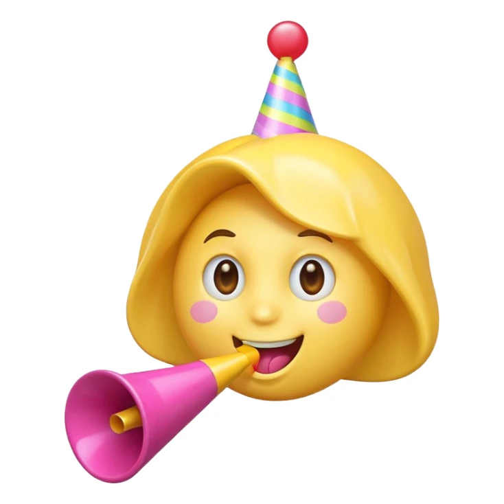 happy face blowing a party horn with pink heart sticker