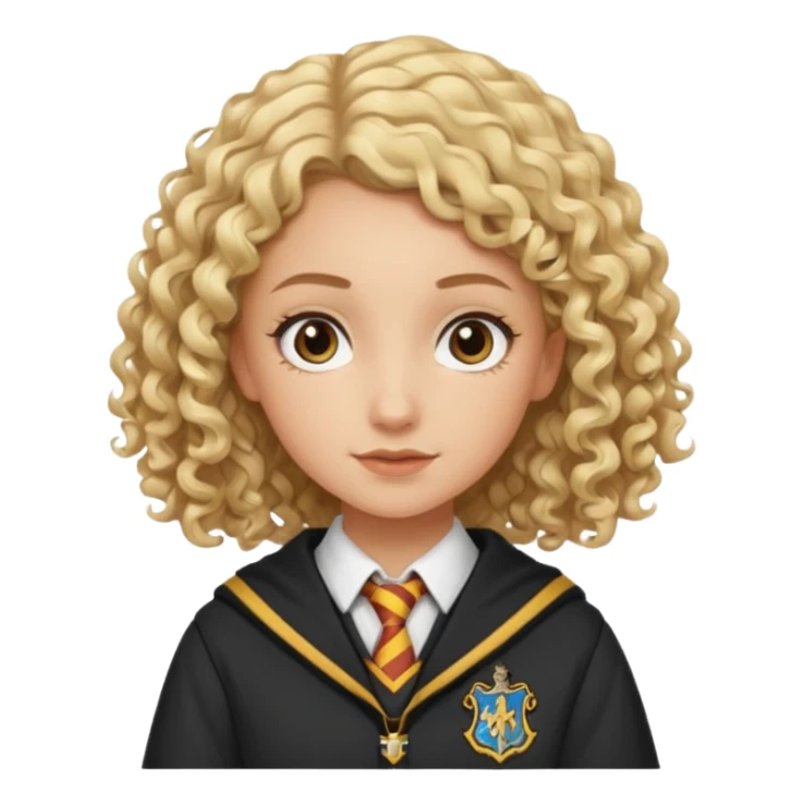 White girl, blonde and curly hair, dressed like Howgharts sticker