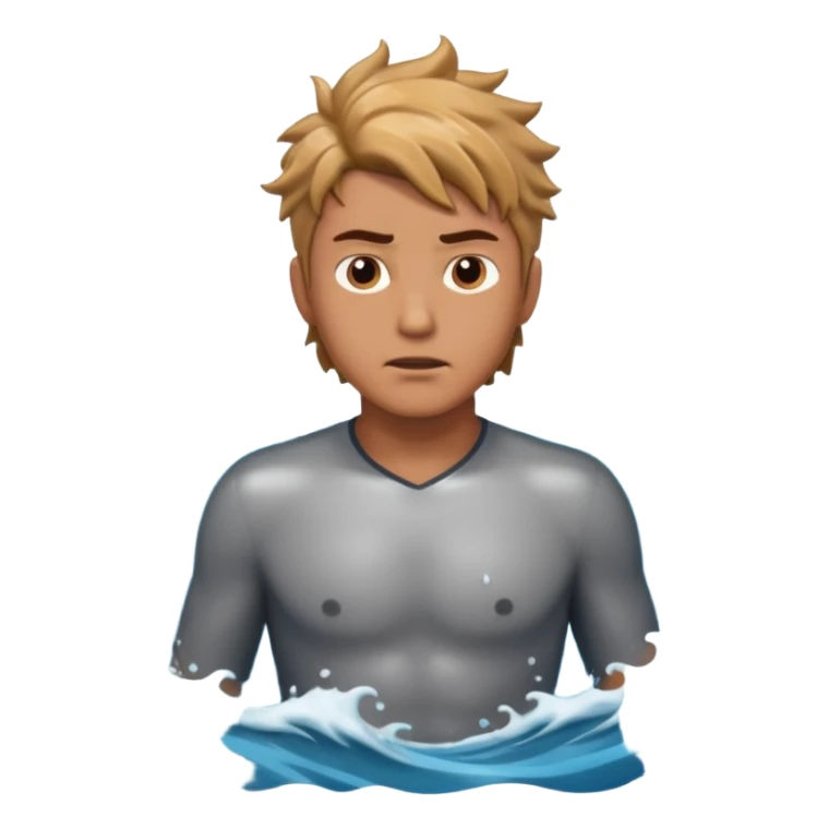 man standing in ocean waves, water splashing around him, determined expression, dynamic sea motion, cinematic ocean vibe, 3D cartoon style, mobile game icon style, clean background, no text, no watermark
 sticker