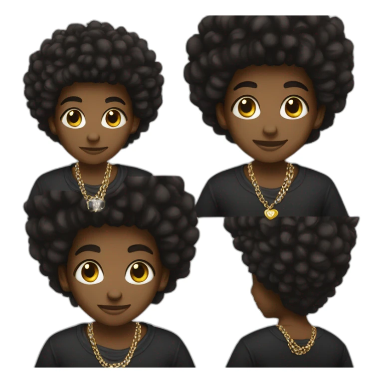 A dark skin boy with nappy afro black shirt wearing diamond chain sticker