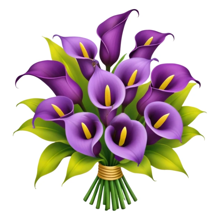 Bouquet of Calla lilies with separate tiny, yellow circular flowers interspersed in between the purple Calla lilies sticker