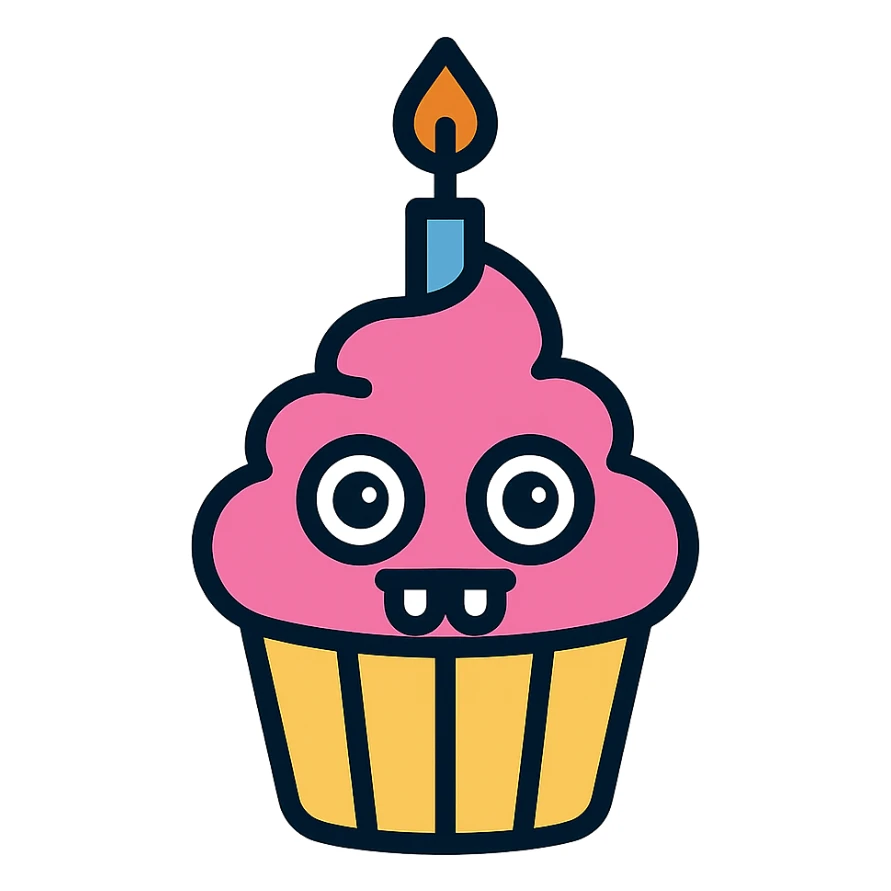 A cupcake with pink frosting, big eyes, two teeth, and a lit candle on top sticker