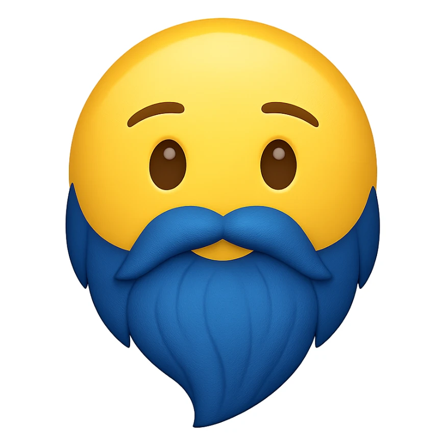 yellow face with blue wizard beard emoji, digital illustration, no background sticker