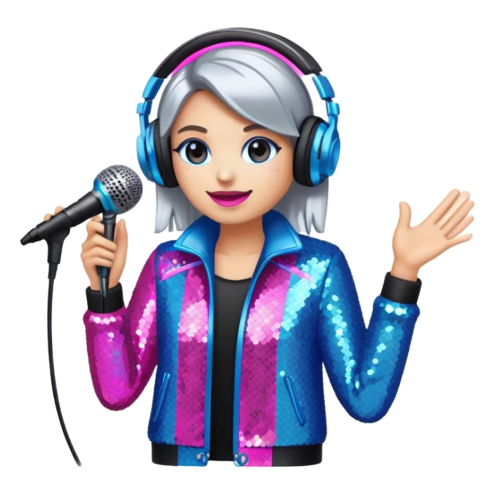 Create a vibrant and modern emoji that represents pop or stage vocal performance, focusing on the equipment and style. The design should feature a high-quality microphone, a stage monitor, and a sound mixing console, symbolizing the professional setup for pop vocals. Add elements like studio headphones, a soundboard with sliders, and an elegant stage costume (e.g., a sequined jacket or flashy stage attire) to reflect the glamour of stage performance. Use energetic colors like neon pink, electric blue, and silver to convey the high-energy nature of pop singing. The background should be transparent. sticker