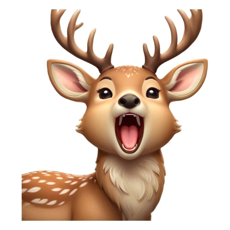 Cinematic Cute Yawning Deer Portrait Emoji, Head tilted slightly with a dramatic, wide-open yawn, revealing a soft, dappled Fur and elegantly drooping ears, eyes barely open in drowsy contentment, Simplified yet irresistibly adorable features, highly detailed, glowing with a soft, cozy glow, high shine, relaxed yet expressive, stylized with a touch of natural whimsy, bright and endearing, soft glowing outline, capturing the essence of a sleepy yet affectionate deer, so drowsy it feels like it could stretch right out of the screen and curl up for a nap! sticker