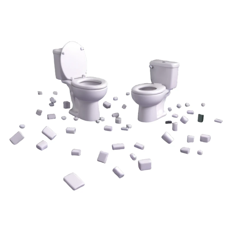 scattered toilets in a surreal scene, 3D emoji style sticker