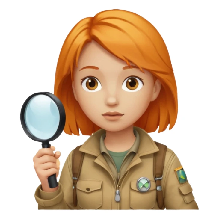 braid orange haired girl in explorer outfit, holding magnifying glass sticker