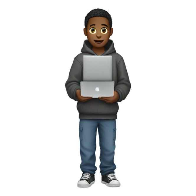 boy wearing a hoodie and baggy pants with a macbook in his hand sticker