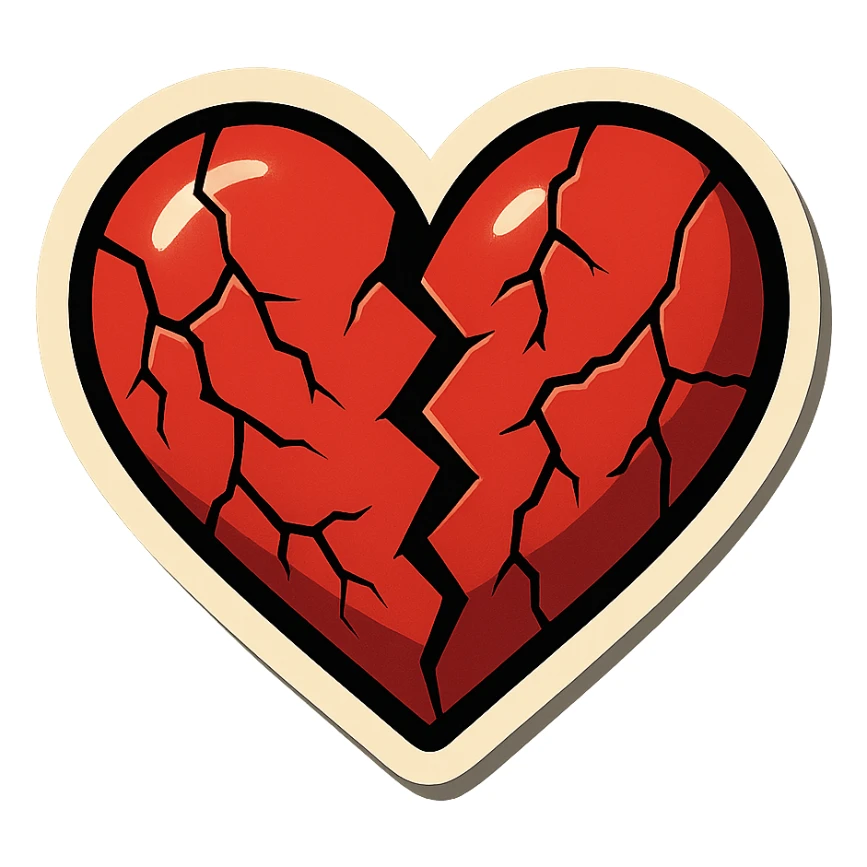 broken heart with several large cracks, clear black outlines, sharp shadows and highlights only, no gradients, retro sticker style sticker