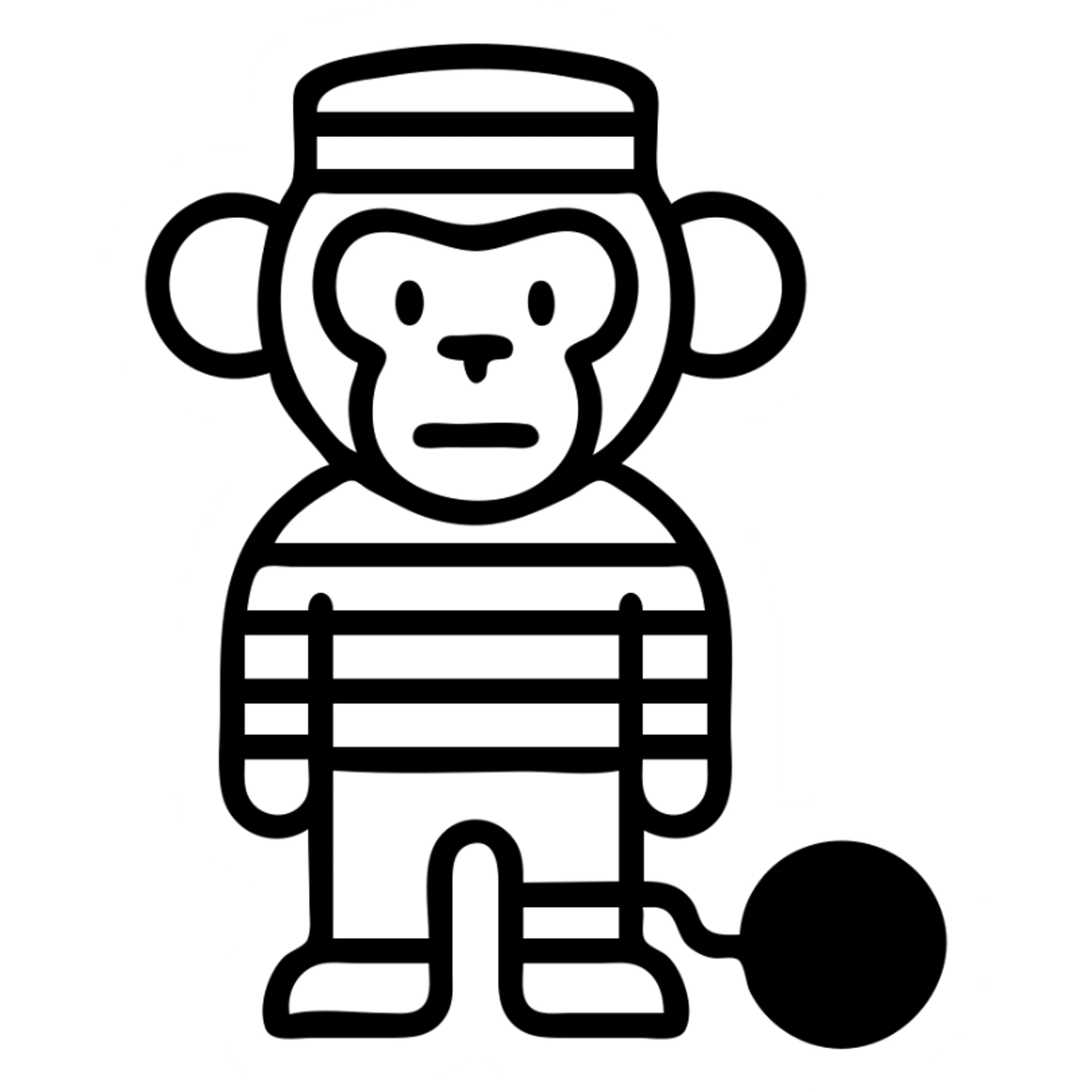 monkey in black and white prisoner uniform, icon style, with a ball and chain sticker