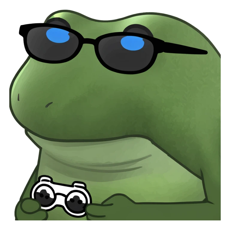 bufo with triangle shaped 8 bit sunglasses full black, confident smile, with a mini full dark powerful orb in his hand sticker