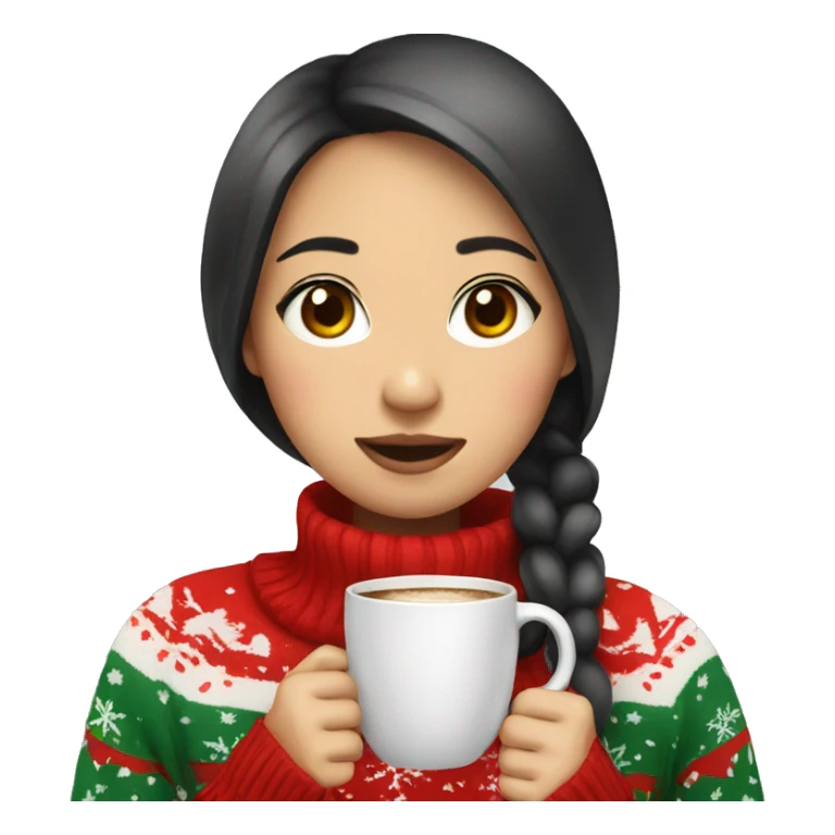 asian girl drinking coffee wearing Christmas sweater sticker