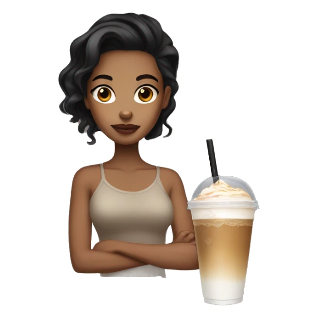 light brown skin girl with black hair with iced coffee sticker