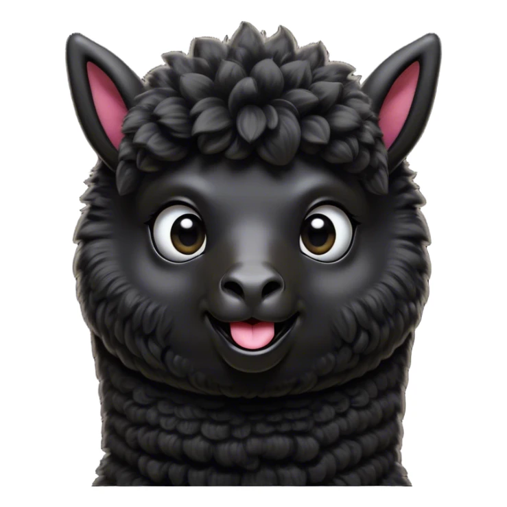 Cinematic Comical Black Alpaca Portrait Emoji, Head tilted dramatically with an exaggeratedly amused expression, featuring a striking jet-black fleece with playful texture, wide, expressive dark eyes filled with playful disbelief, Simplified yet hilariously expressive features, highly detailed, glowing with a slightly sassy glow, high shine, dramatic yet playful, stylized with an air of cheeky mischief, bright and endearing, soft glowing outline, capturing the essence of a spirited and over-the-top alpaca, so meme-worthy it feels like it could side-eye its way into internet fame instantly! sticker