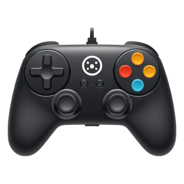 Minimalistic flat vector icon, iOS style, thin black contour on white background. Game controller with a gear symbol. Clean, no text, no shadows sticker